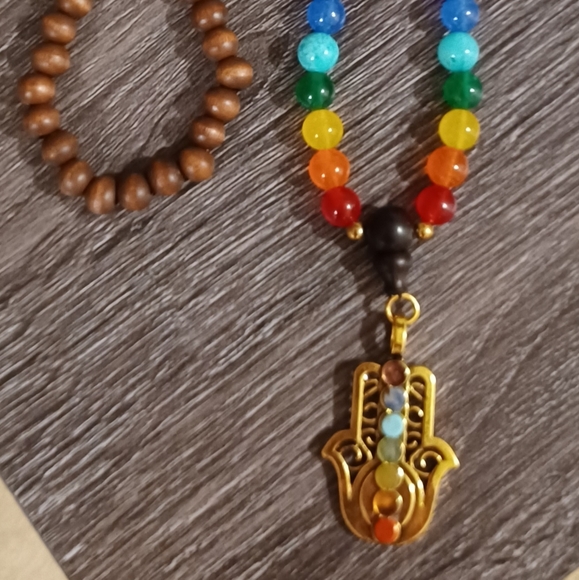 7 CHAKRA GEMSTONES & WOOD BEADS STRUNG ROSARY NECKLACE WITH HAMSA HAND PROTECTIO - Picture 7 of 12